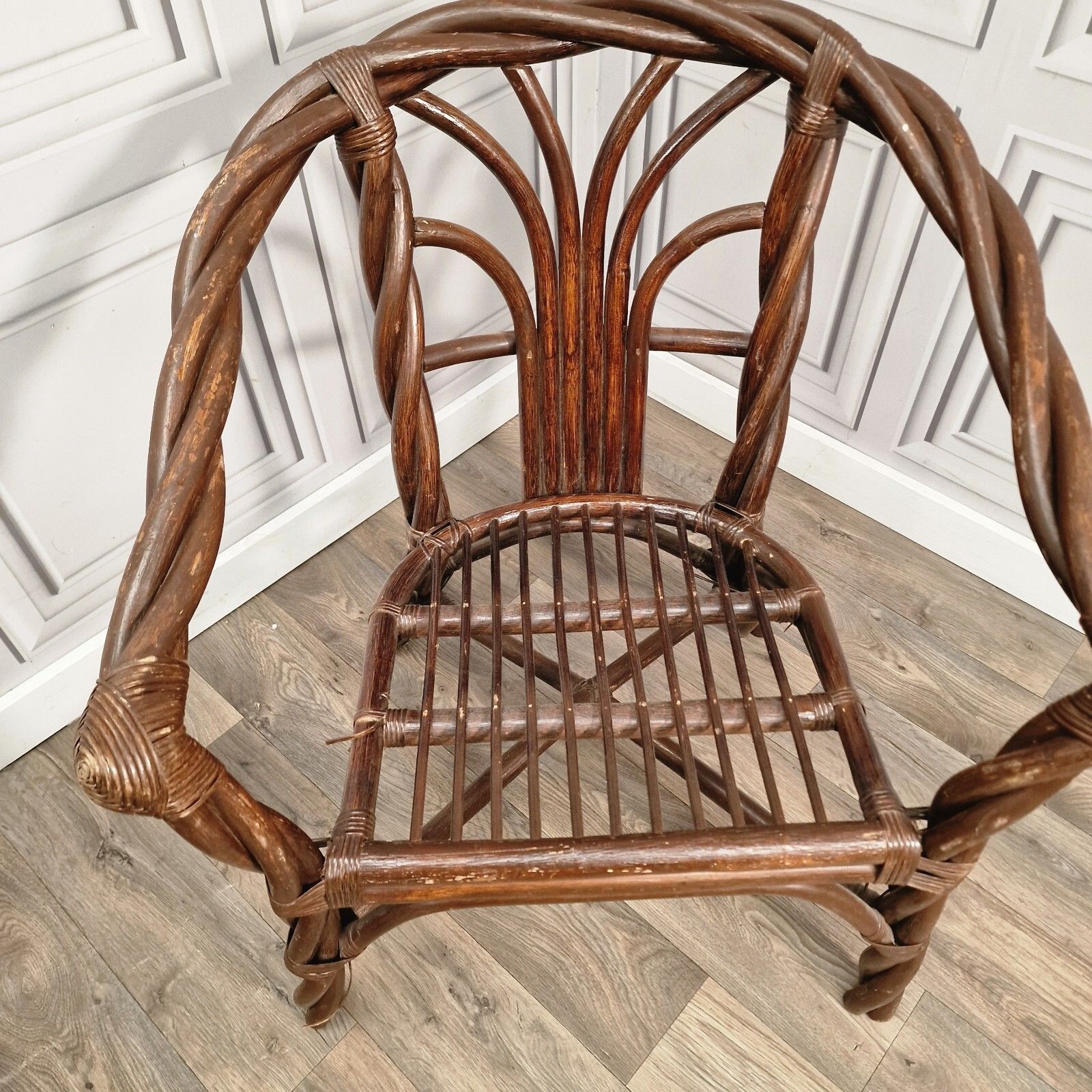 photo furniture Retro Pair Arm Chairs X2 Twisted Bamboo Wicker Cane Tub Seats Boho Tiki Twist