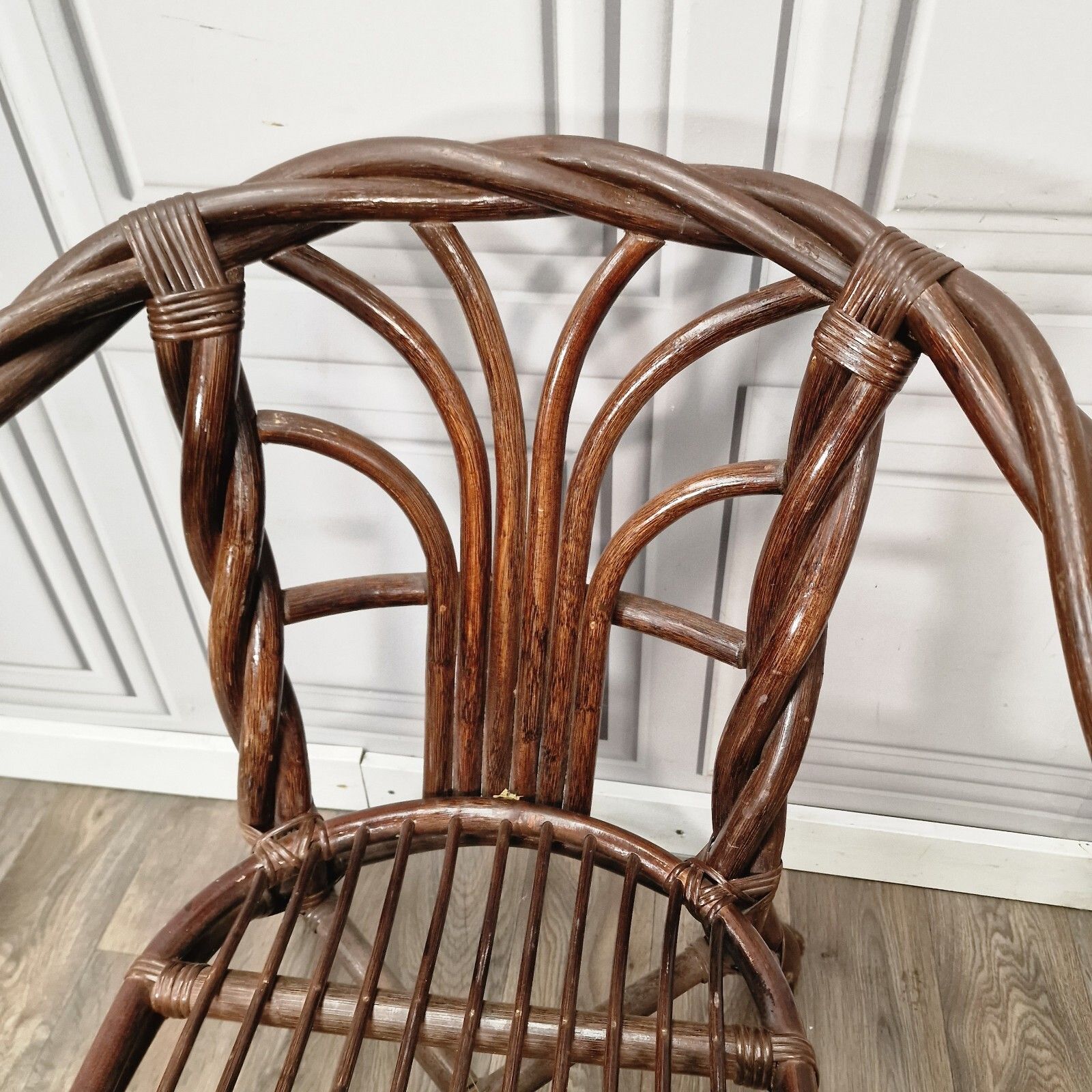 190.0 Retro Pair Arm Chairs X2 Twisted Bamboo Wicker Cane Tub Seats Boho Tiki Twist photo