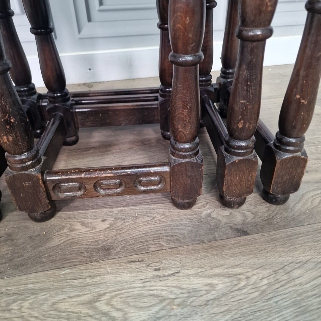 photo for sale Vintage Nest Of Tables 3 Solid Oak Wooden Coffee Side Lamp Turned Wood Retro