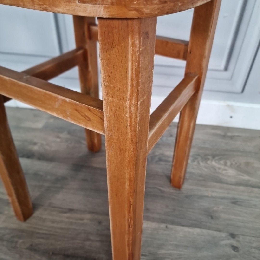Vintage Wooden Kitchen Stool – Red Vinyl Seat – Mid Century Utility Café Style photo vintage