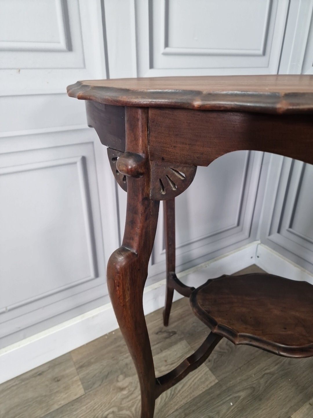 Antique Edwardian End Table Wooden Window Side Scalloped Top 2 Tier Mahogany photo furniture