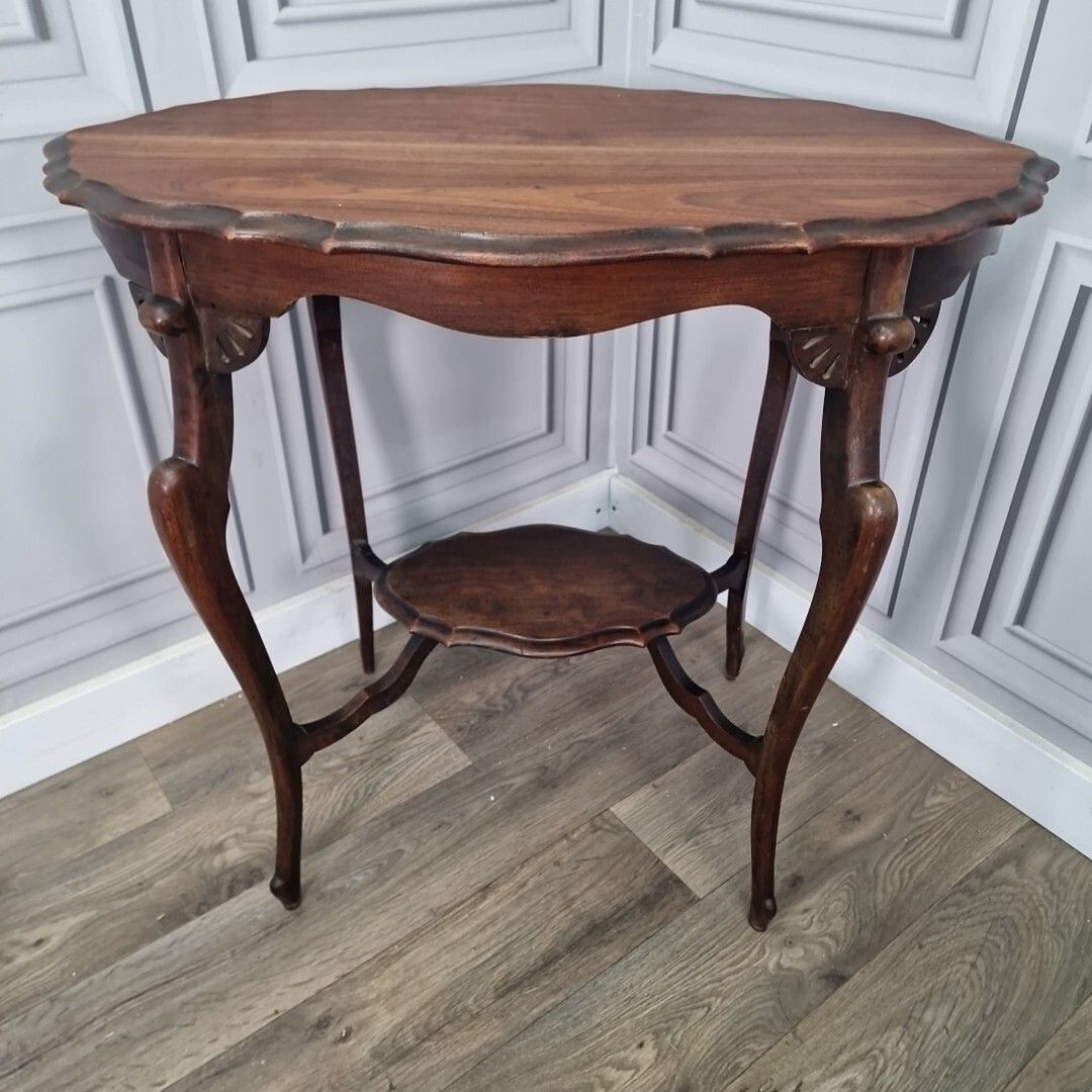 Antique Edwardian End Table Wooden Window Side Scalloped Top 2 Tier Mahogany photo vintage