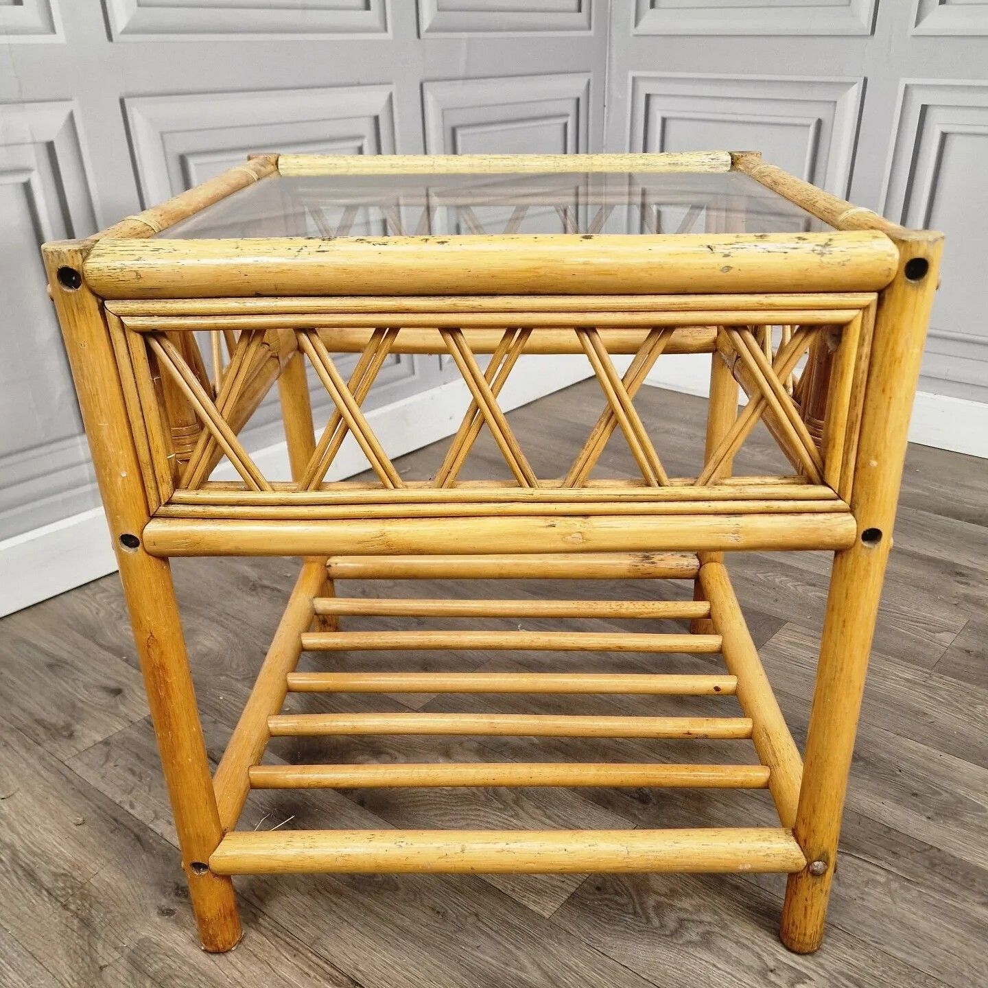 photo buy Vintage Square Coffee Table Bamboo Rattan Wicker Glass Top Boho? Tiki? Retro