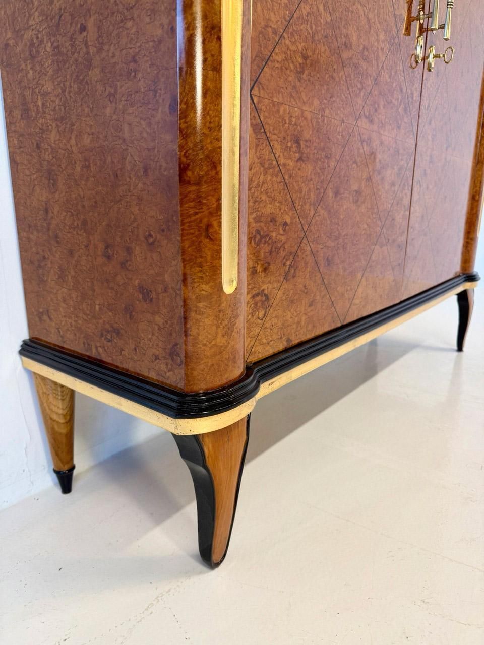 1940s Italian Art Deco Cabinet In Maple Burl With Black Lacquer Details photo vintage