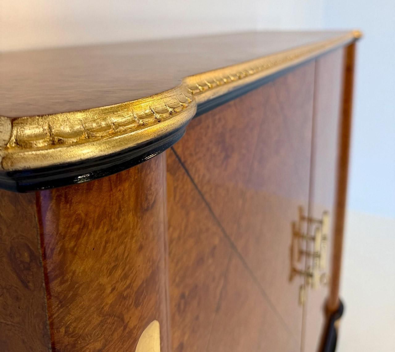 photo for sale 1940s Italian Art Deco Cabinet In Maple Burl With Black Lacquer Details