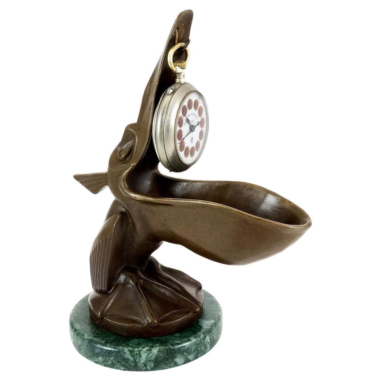 Art Deco Style Pelican Pocket Watch Holder In Bronze, Inspired By Leopold Verler