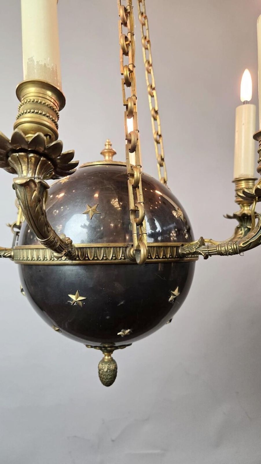 Pair Of Empire Chandeliers In Sheet Metal, Bronze And Brass, 19th photo vinterior