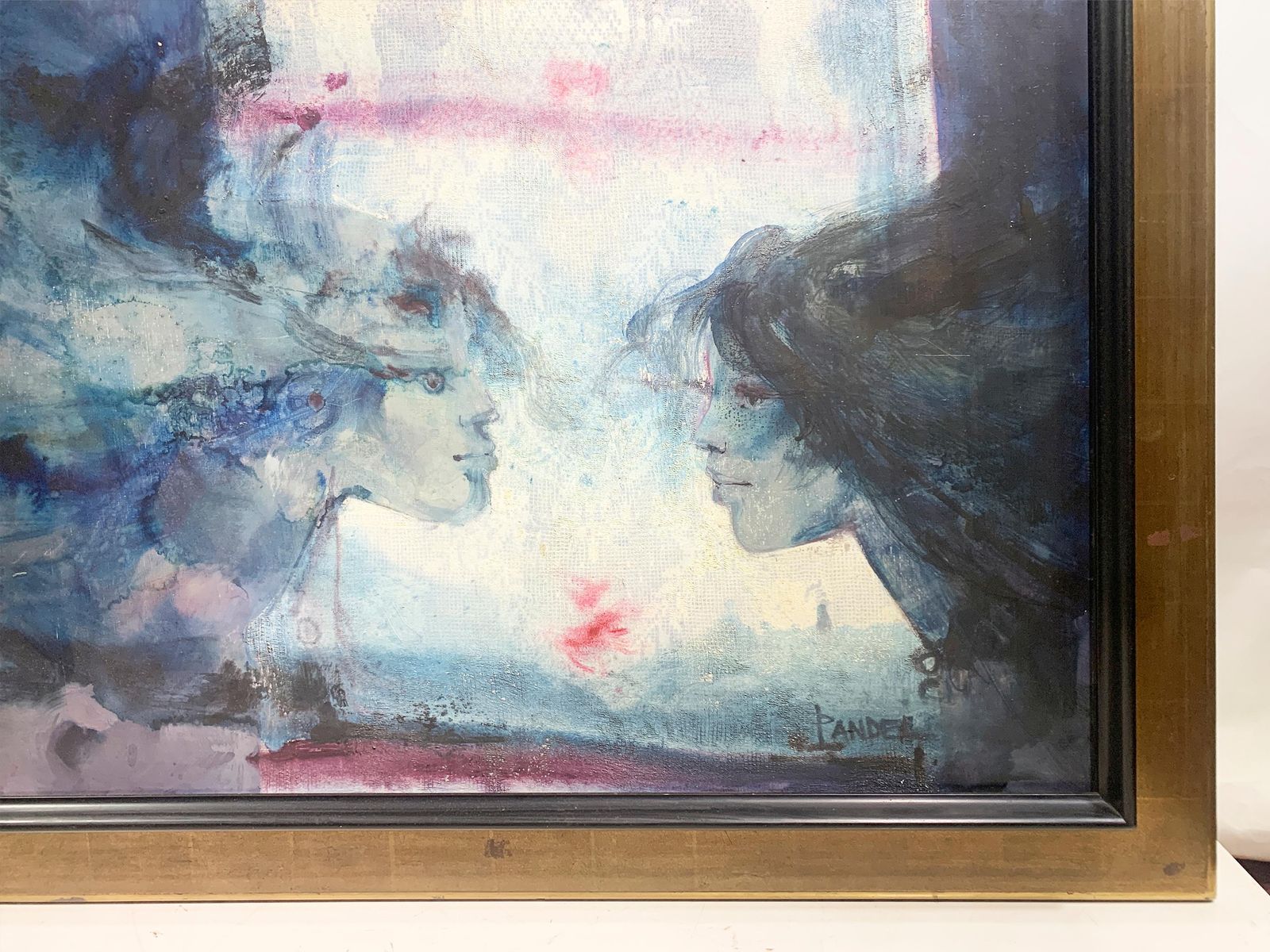 Michel Pandel, "Les Amoureux" , Mid Century French Surrealist Painting, Signed photo vinterior