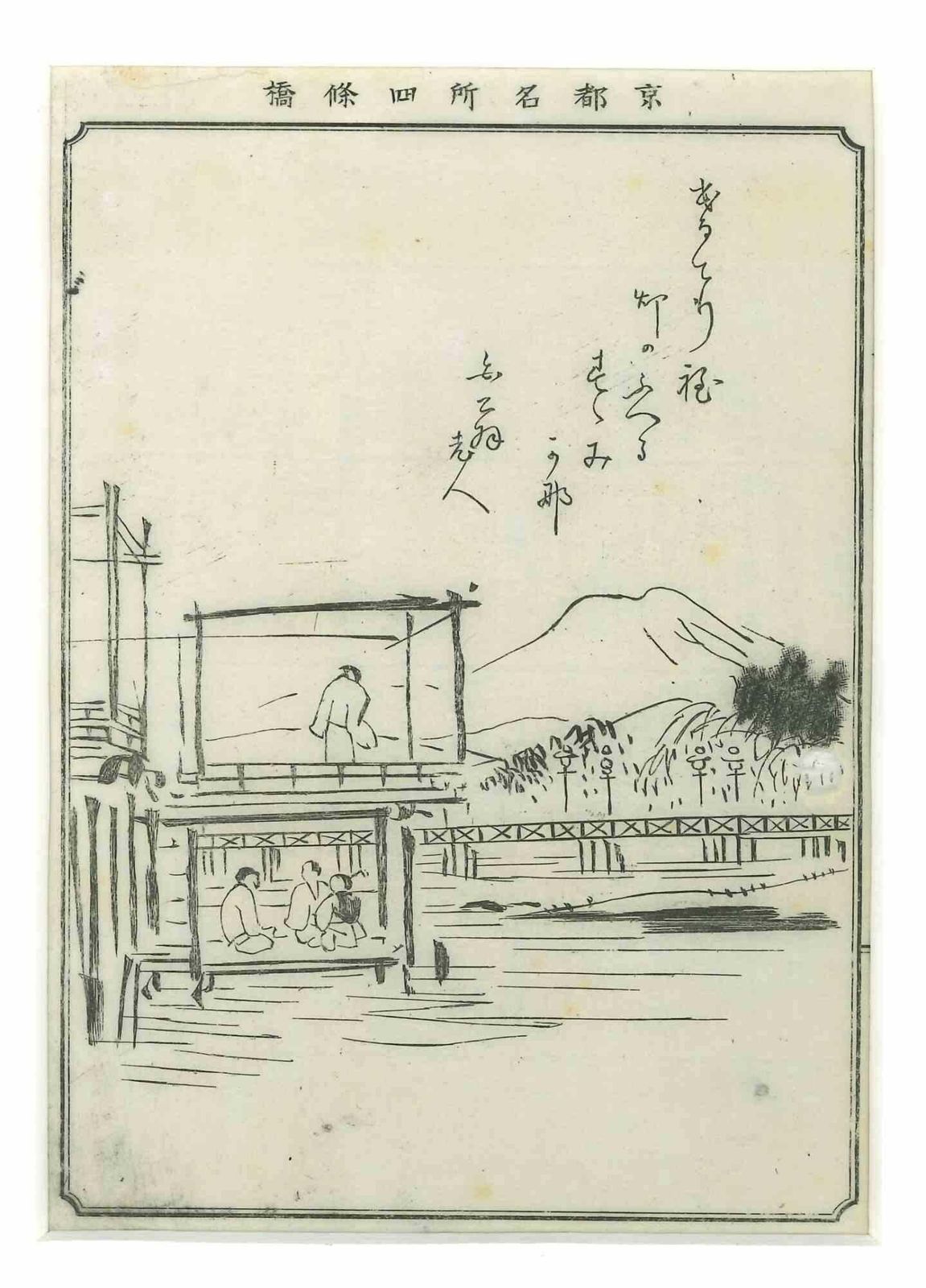 Unknownkyoto – View Of A Riverside Pavilion And Bridge   Drawing   19th Century19th Century