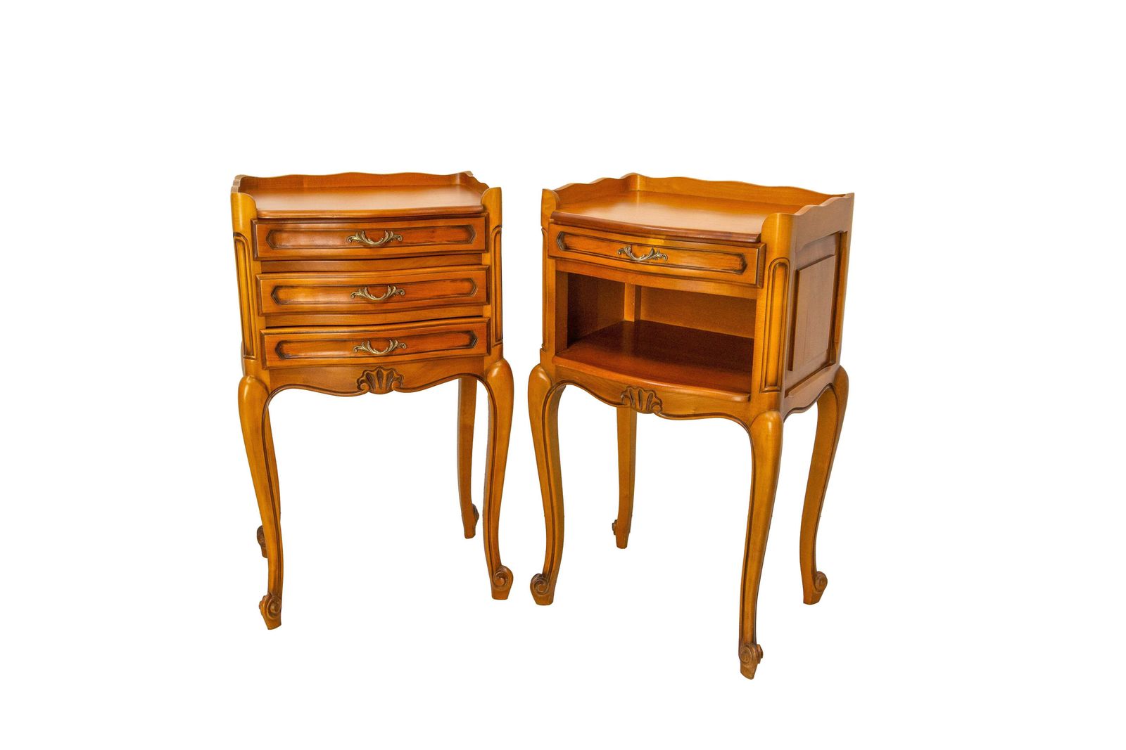 French Pair Nightstands Louis XV Style Side Cabinets Bedside Cherry Wood C 1970 photo furniture