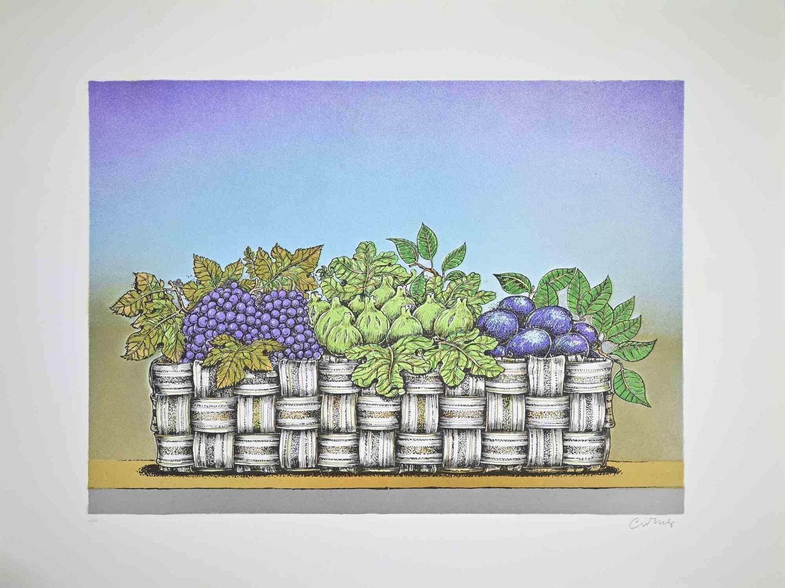 Bruno Carusostill Life With Basket Of Fruit   Lithograph By Bruno Caruso   1980s1980s
