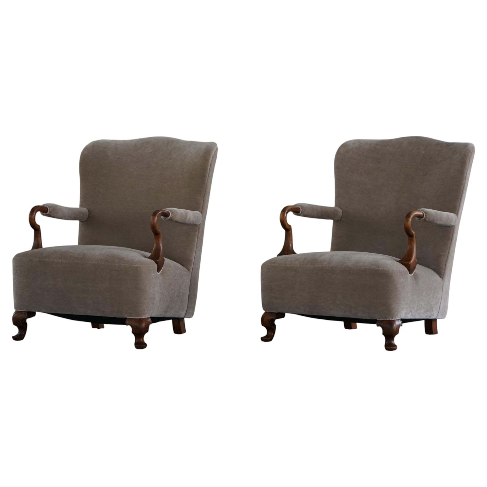 Pair Of Danish Antique Armchairs, Reupholstered In Velvet, Early 20th Century