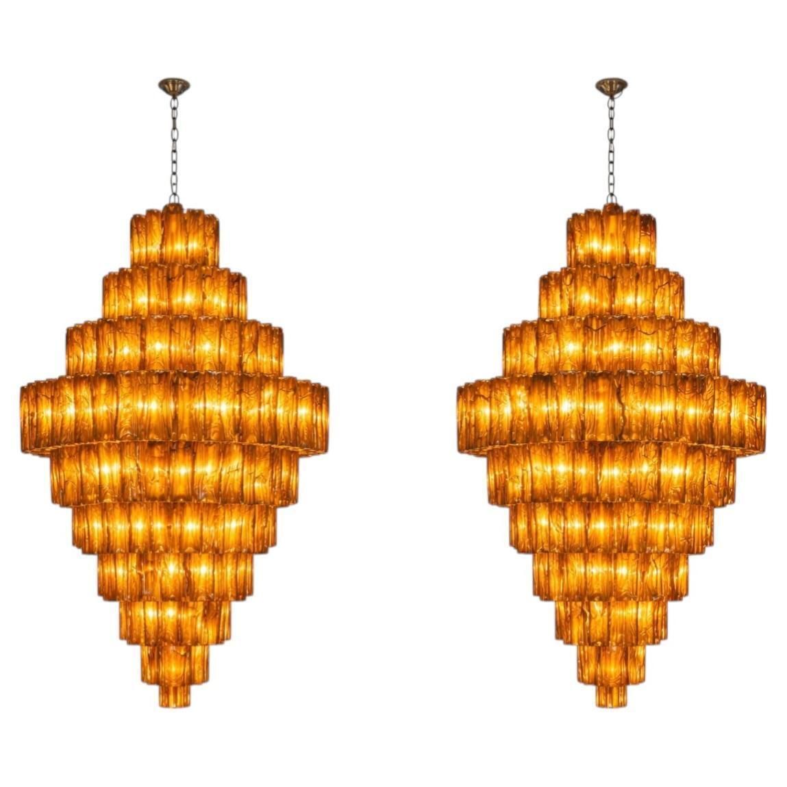 Pair Giant Italian Glass Alabaster Chandeliers, Murano