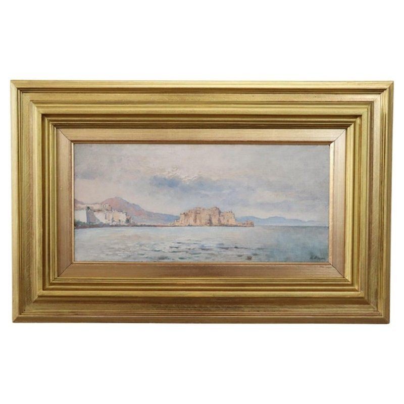 View Of The Gulf Of Naples, Oil Painting On Board, Early 20th Century, Framed