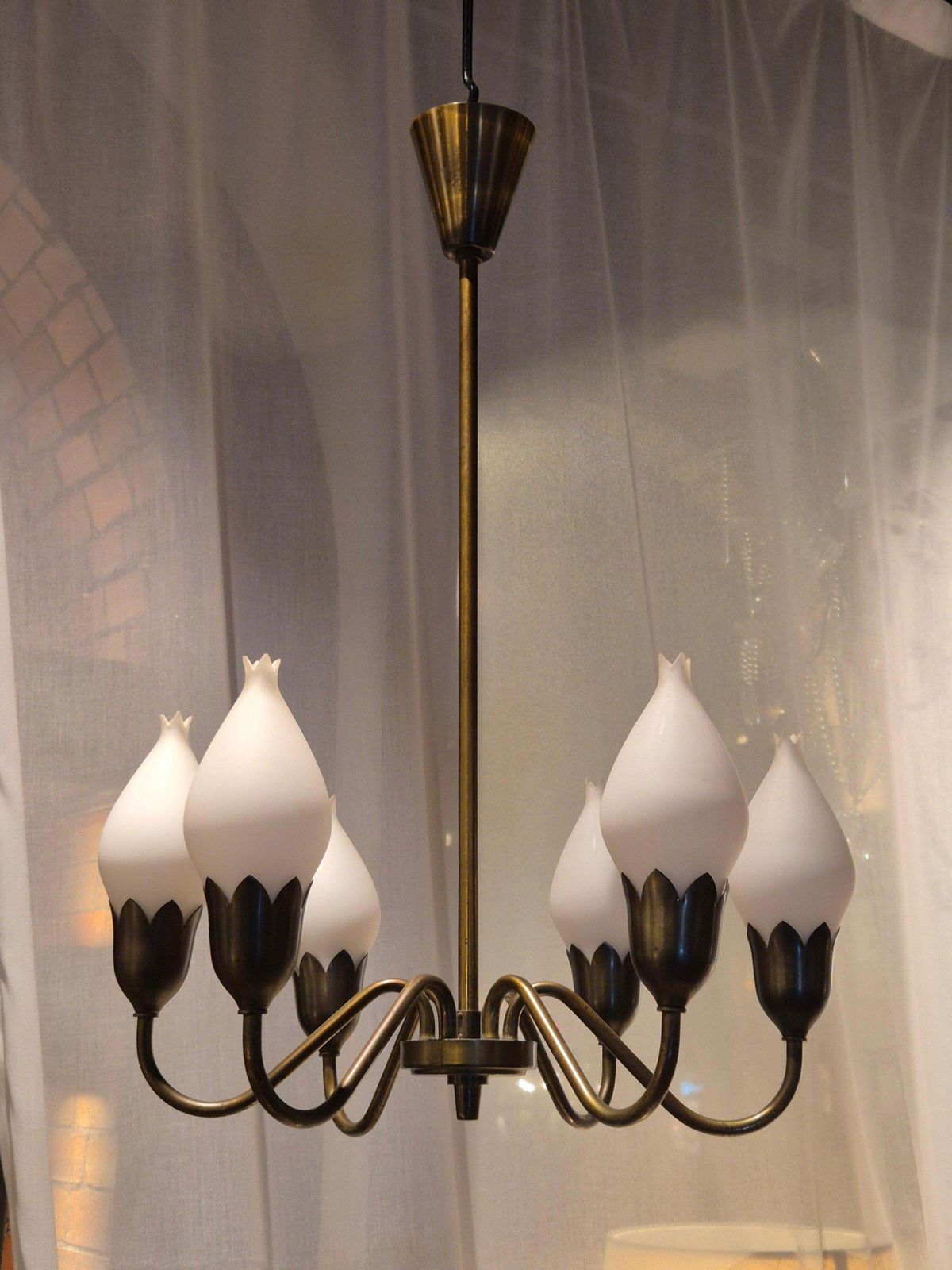 Midcentury Classic, Chandelier "Tulip" In Brass & Glass By Fog & Morup, Denmark photo for sale