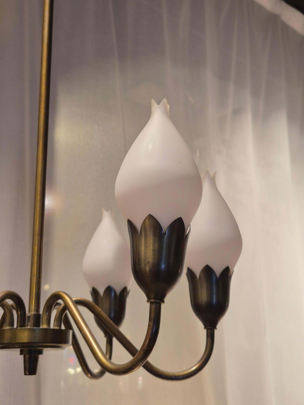 Midcentury Classic, Chandelier "Tulip" In Brass & Glass By Fog & Morup, Denmark photo Lighting