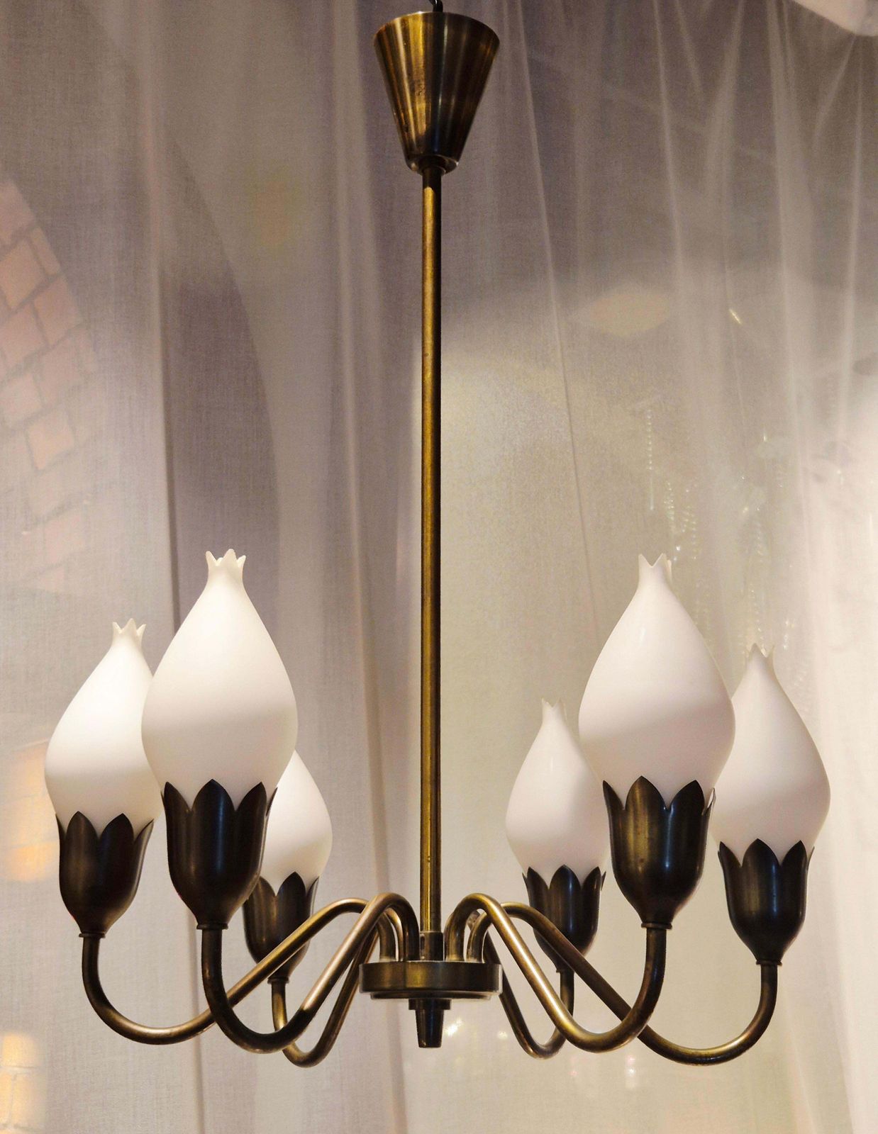 Midcentury Classic, Chandelier "Tulip" In Brass & Glass By Fog & Morup, Denmark photo vintage