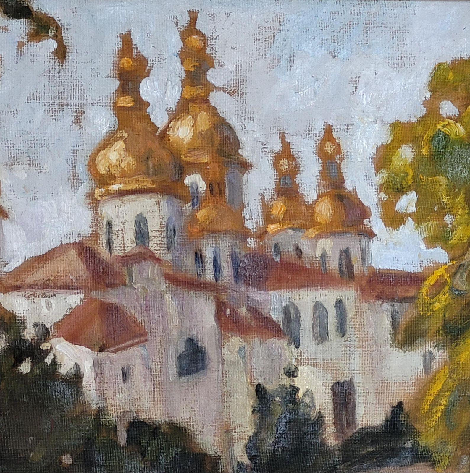 Antique Eastern European Domed Church Oil Painting On Canvas, Framed, 41.5cm From The 1960s By Marie Lucie Nessi photo Art