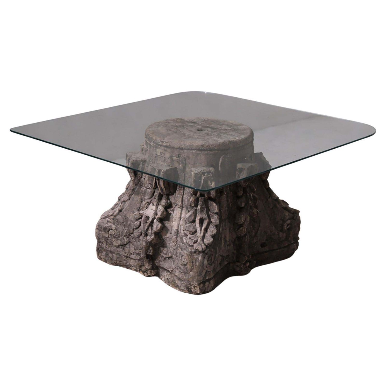 Italian Coffee Table With Roman Corinthian Capital In Stone And Glass
