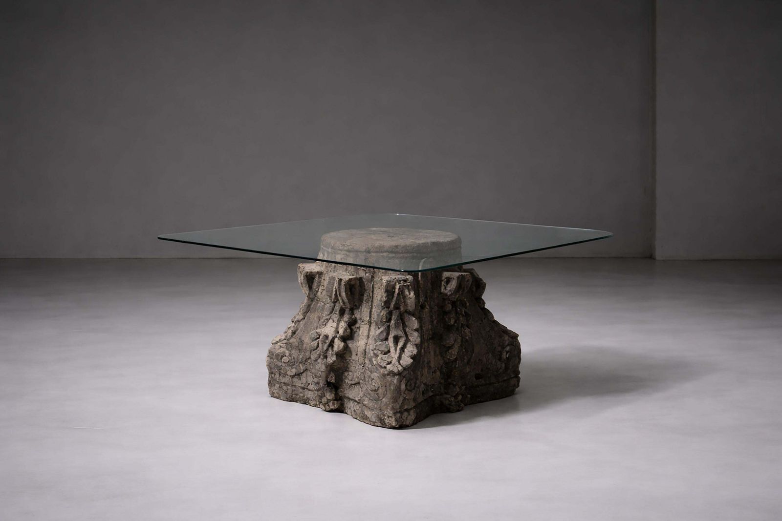 Italian Coffee Table With Roman Corinthian Capital In Stone And Glass photo furniture