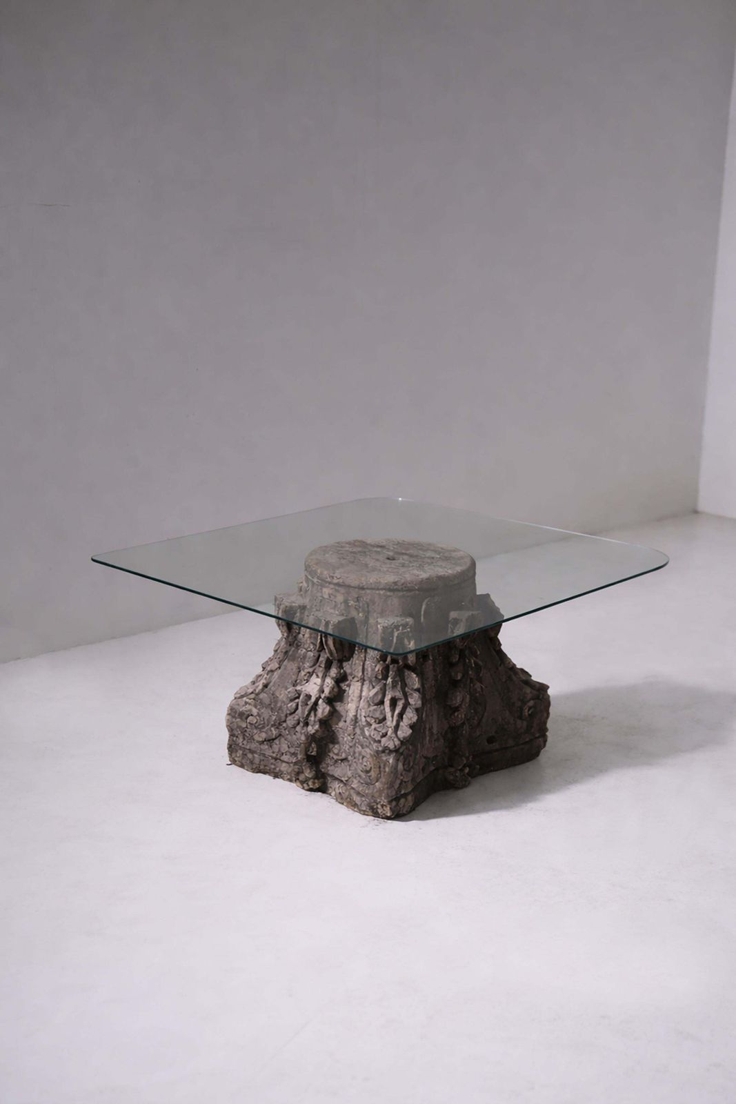 Italian Coffee Table With Roman Corinthian Capital In Stone And Glass photo for sale