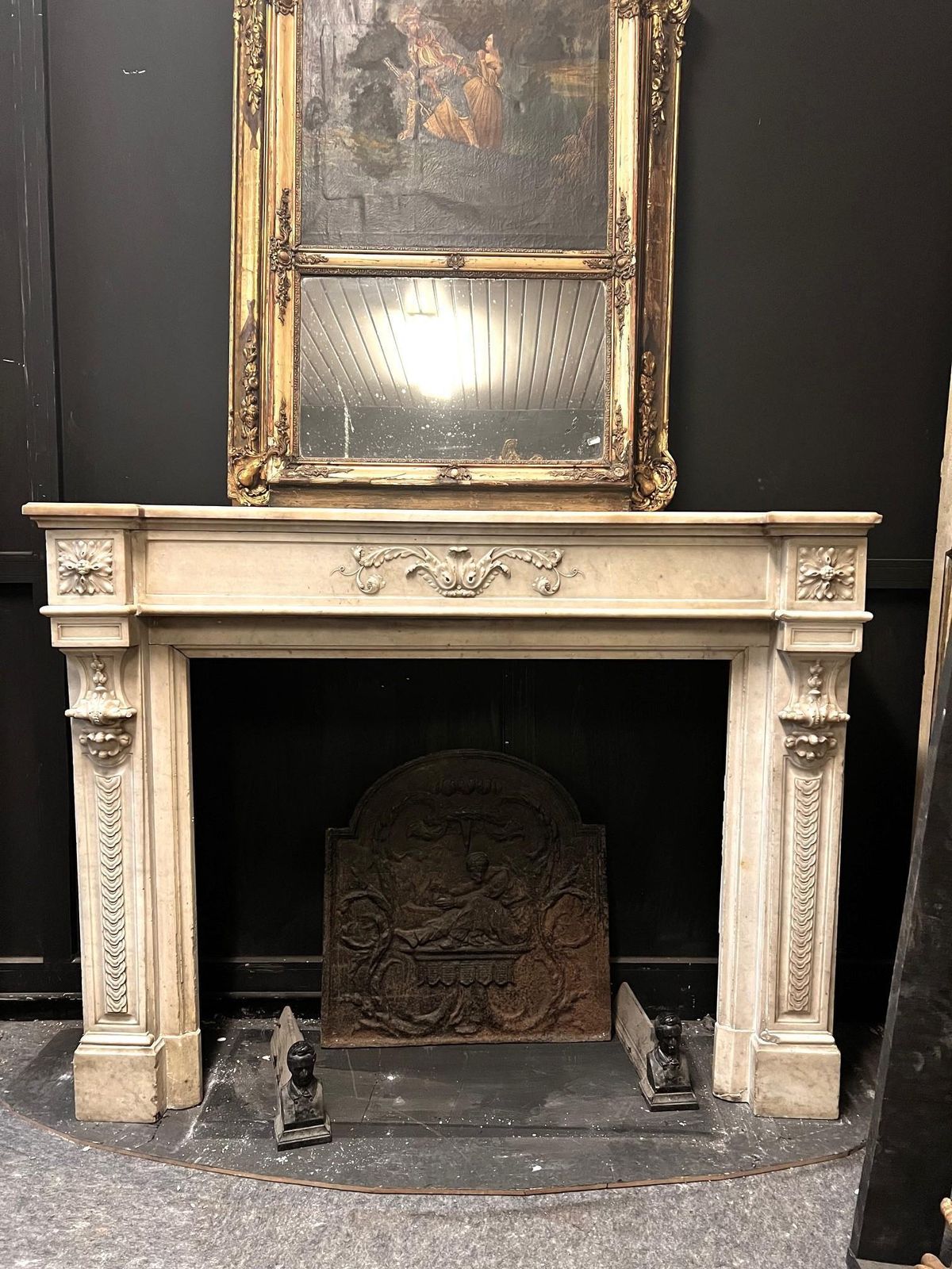 White Carrara Marble Mantel Chimneypiece, Carved With Foliage And Coins photo for sale