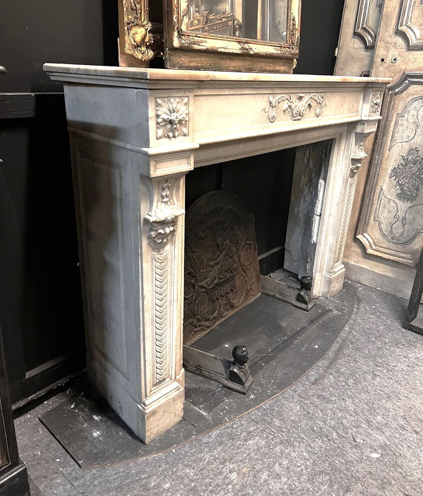 White Carrara Marble Mantel Chimneypiece, Carved With Foliage And Coins photo vintage
