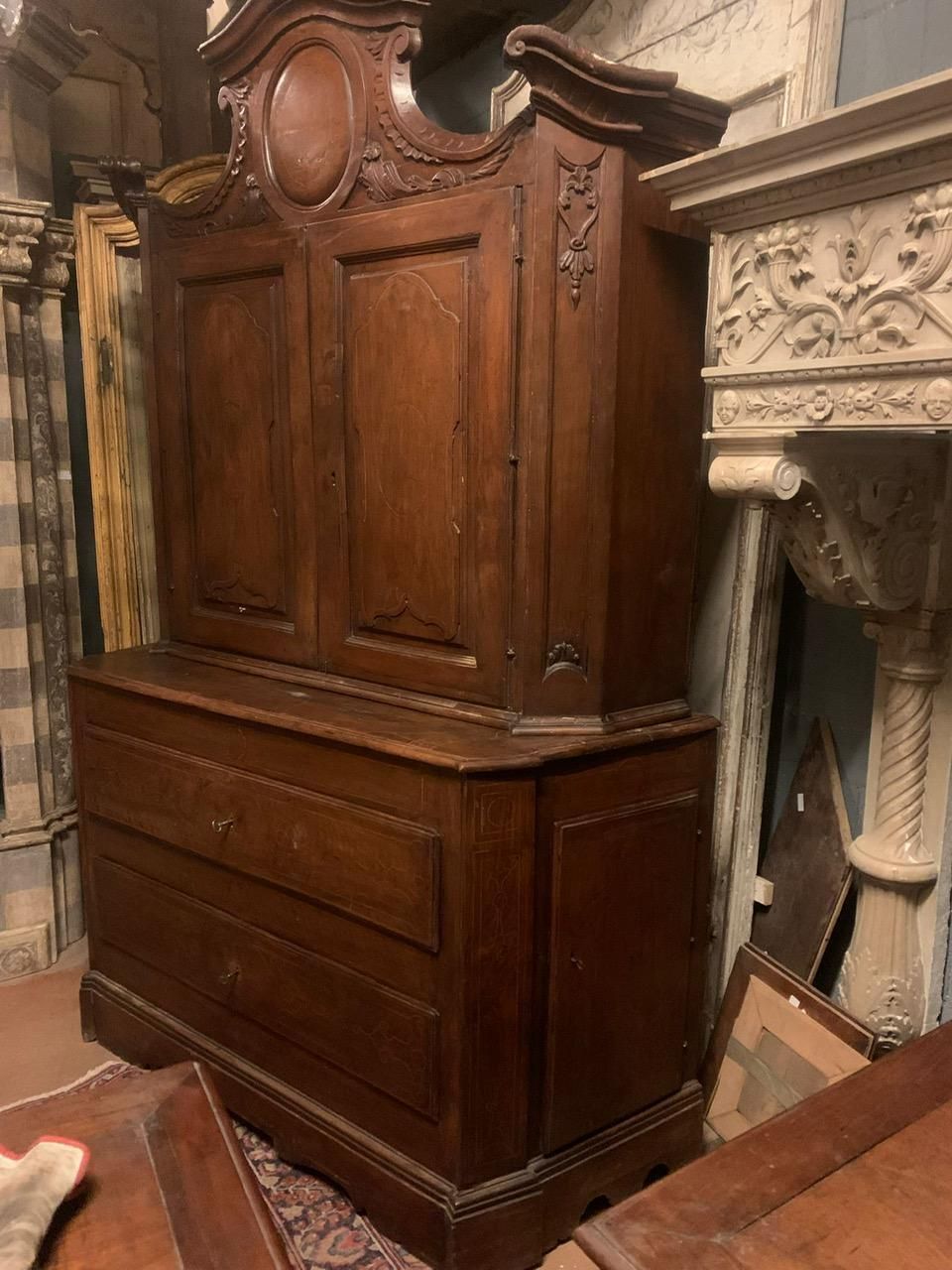 Furniture Double Body Walnut Trumeau Cabinet With Boxwood Inlays, Italy photo