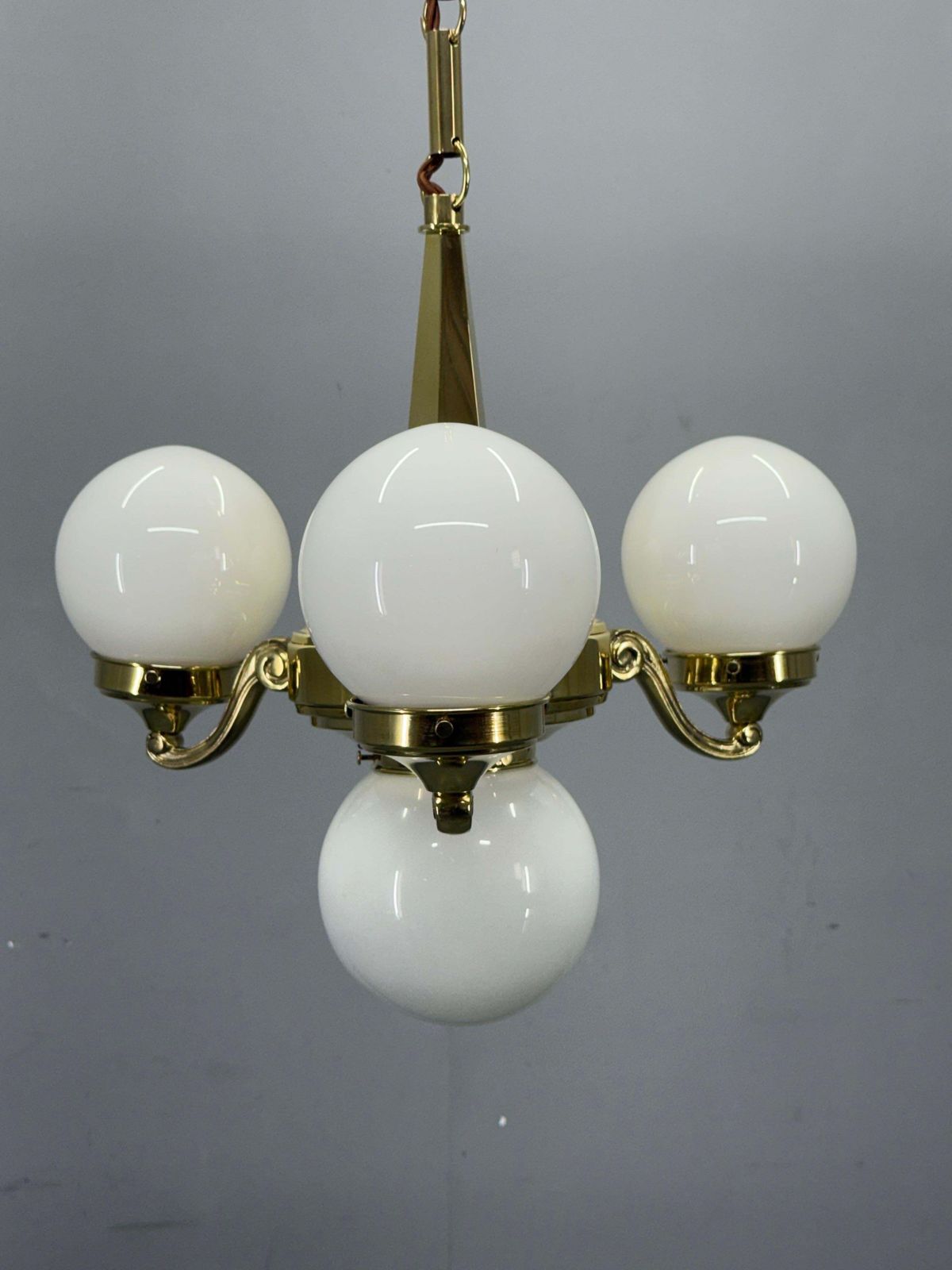 Art Deco Brass And Opaline Glass Chandelier, 1930s photo for sale