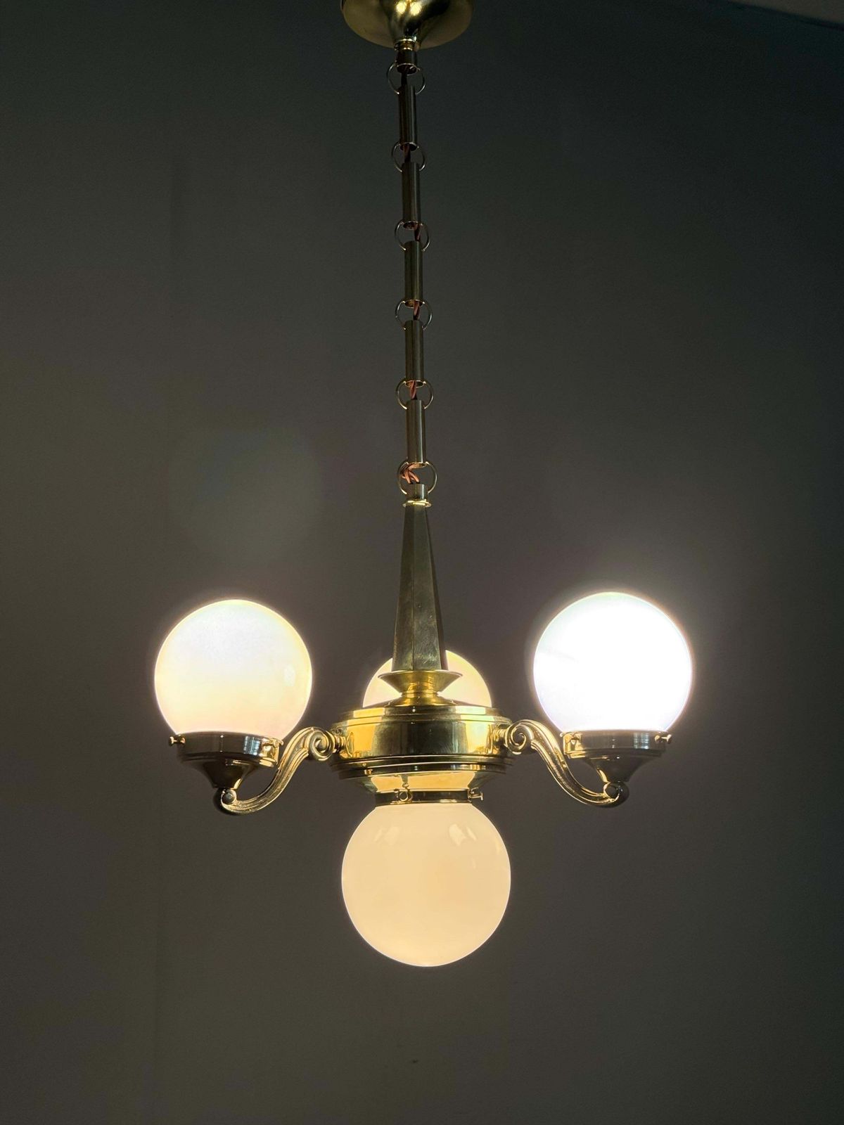 1286.0 Art Deco Brass And Opaline Glass Chandelier, 1930s photo