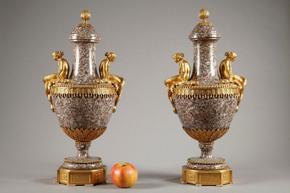 Pair Of Louis XVI Style Vases, In Ural Granite And Gilt Bronze photo for sale