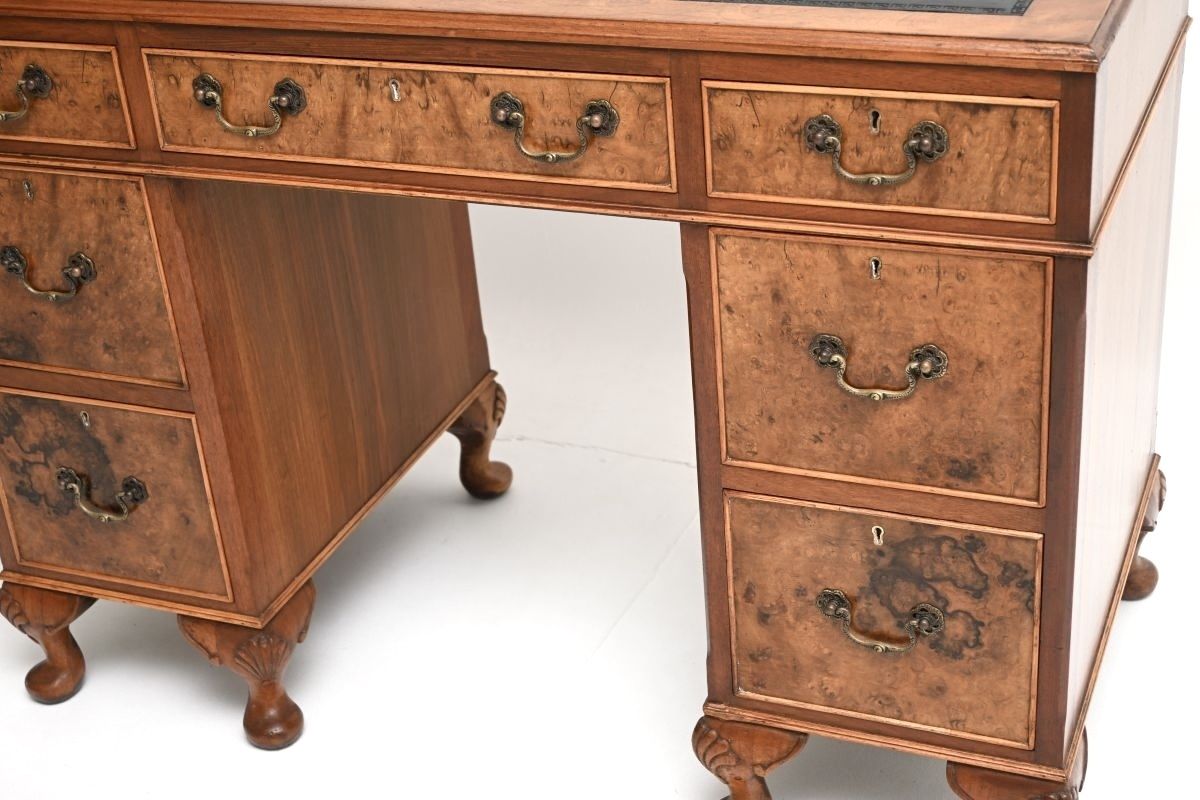 Antique Burr Walnut Leather Top Pedestal Desk photo 1495.0