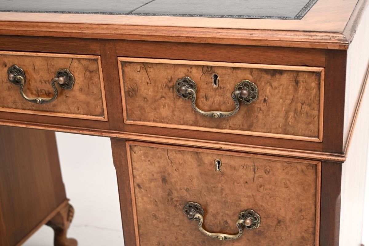 Antique Burr Walnut Leather Top Pedestal Desk photo vinterior