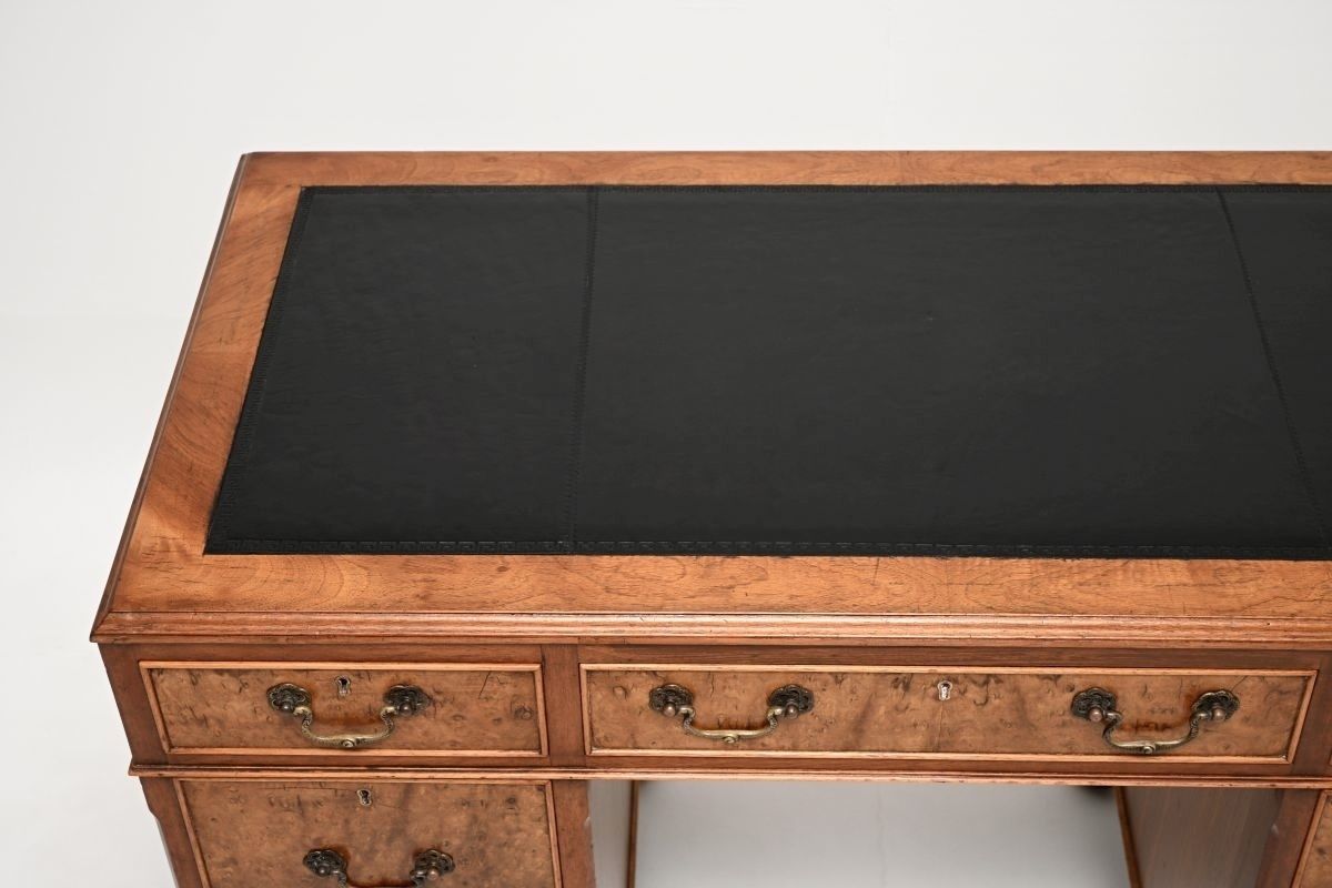 Antique Burr Walnut Leather Top Pedestal Desk photo vintage