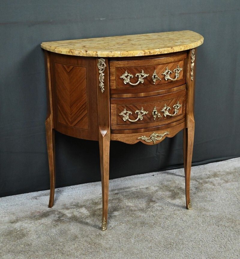 Small Marquetry Half Moon Commode, Louis XV Louis XVI Transition Style – Early 20th Century photo for sale