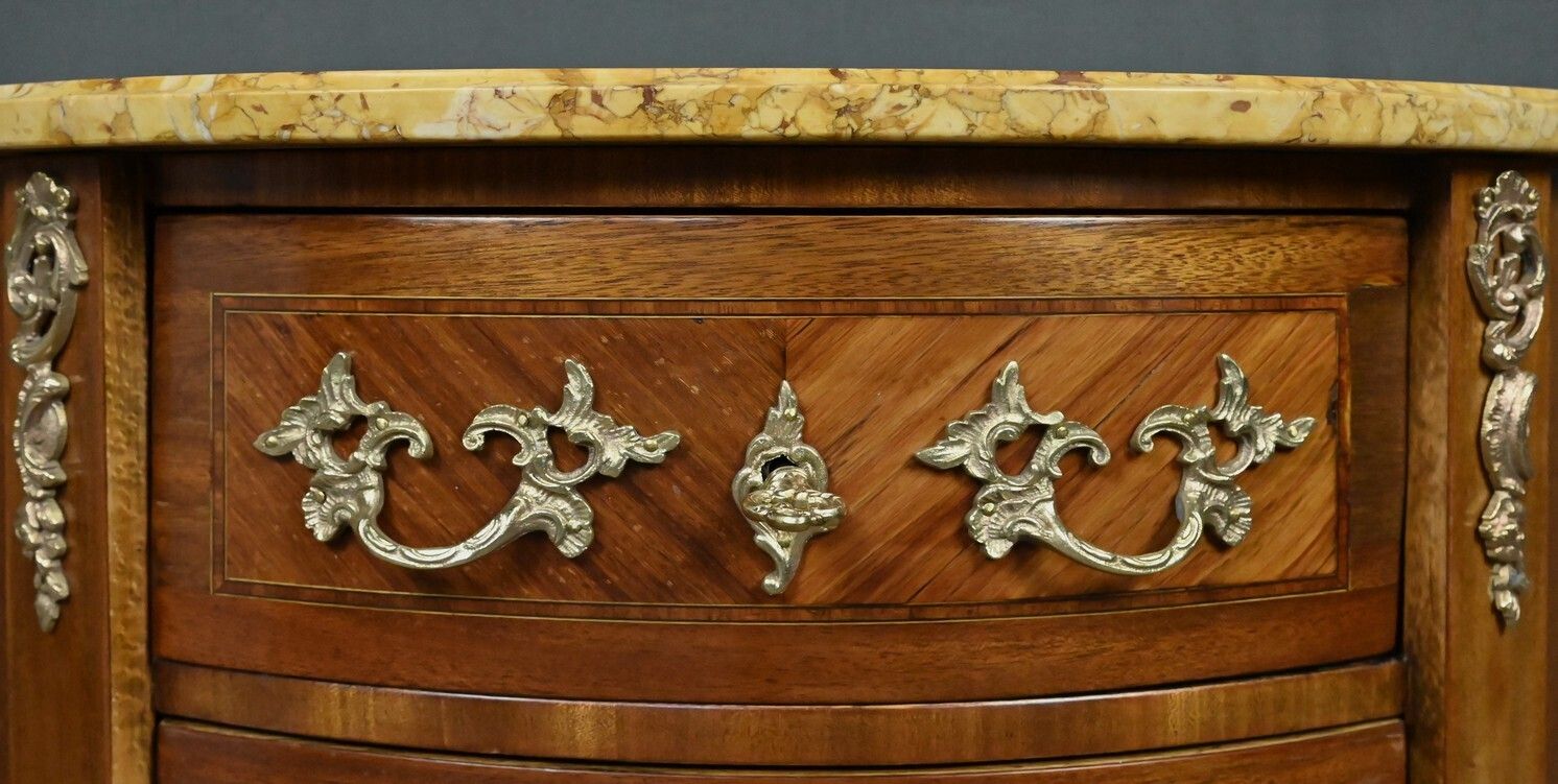 photo furniture Small Marquetry Half Moon Commode, Louis XV Louis XVI Transition Style – Early 20th Century