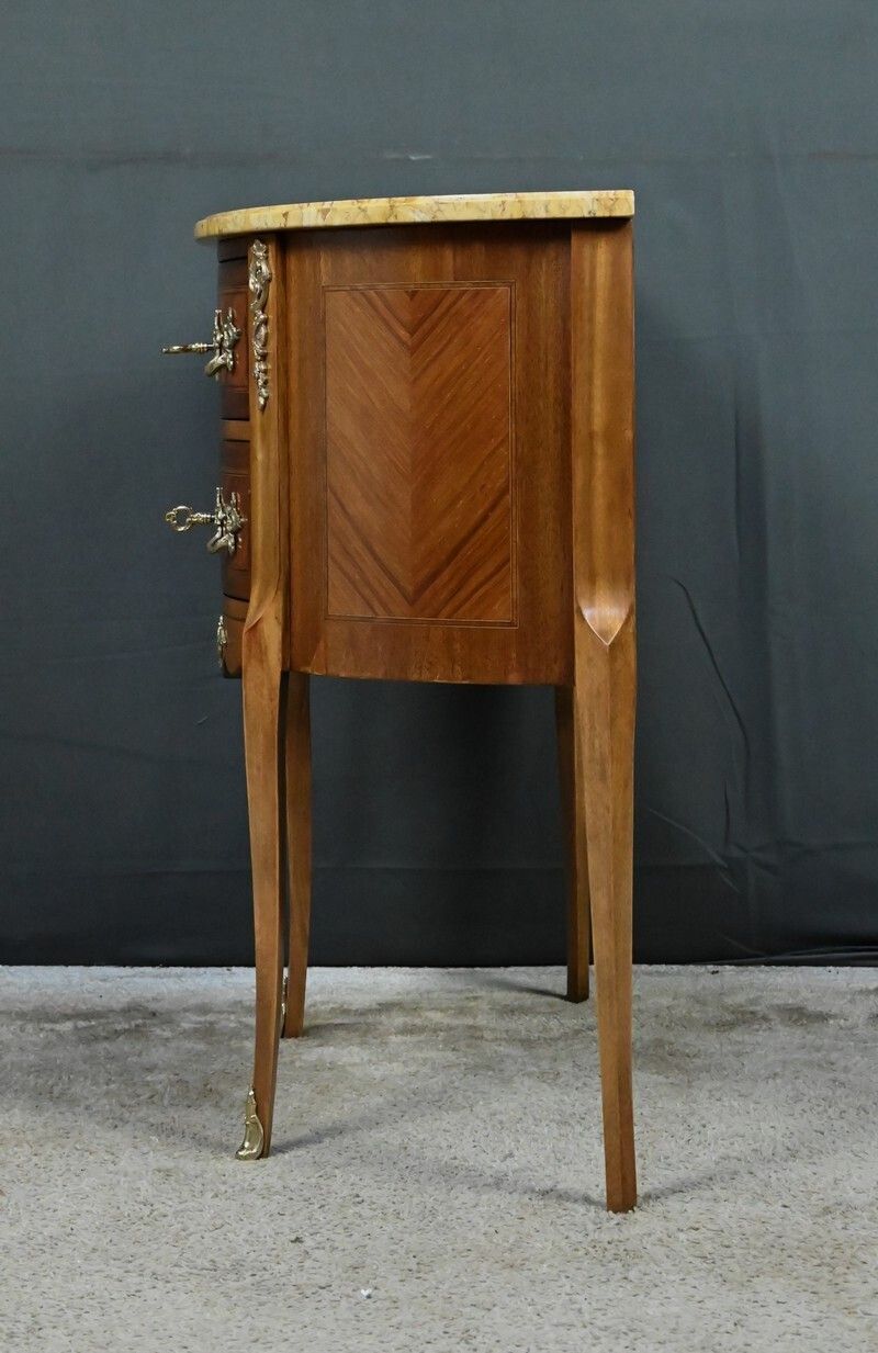 photo vintage Small Marquetry Half Moon Commode, Louis XV Louis XVI Transition Style – Early 20th Century