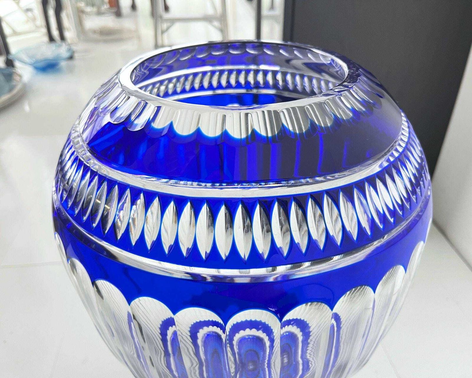Monumental Lorraine Crystal Vase | 1 Pc | Blue Overlay Pedestal photo vintage