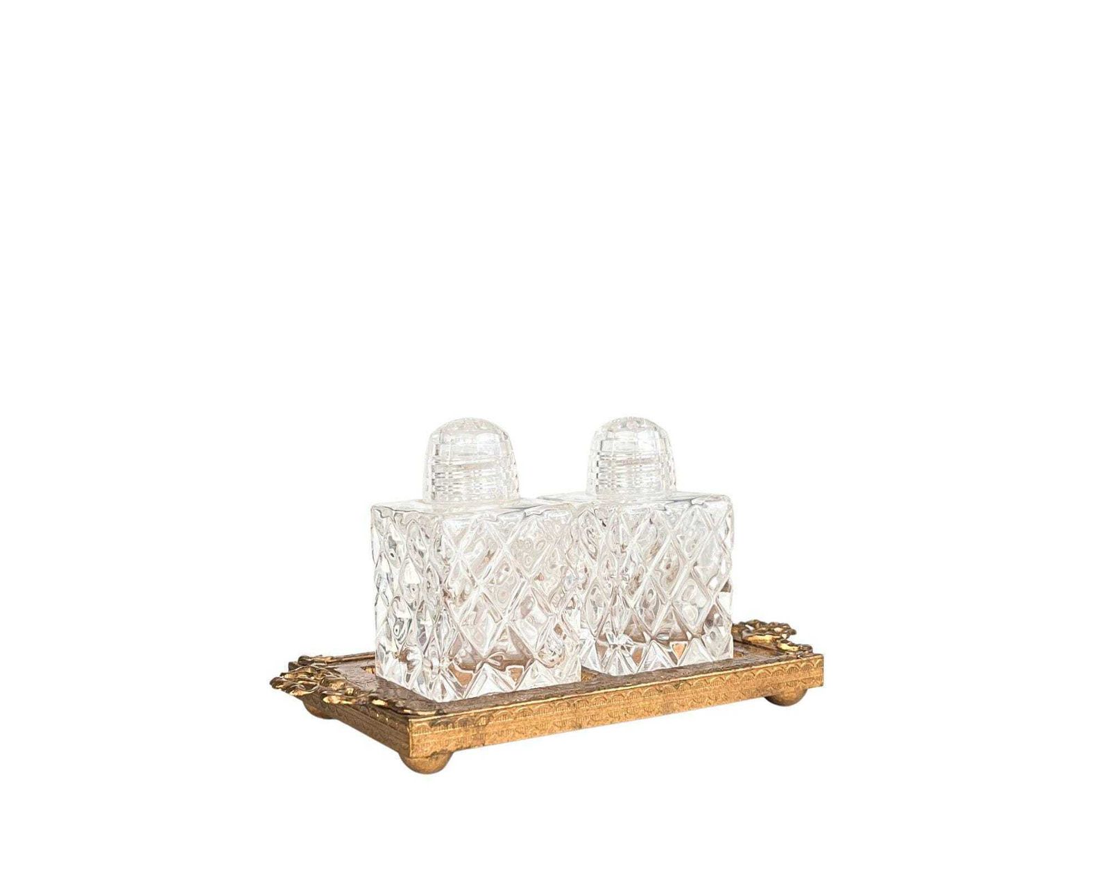 French Glass Salt Pepper Set | Mid Century Metal Tray Bow Detail photo furniture