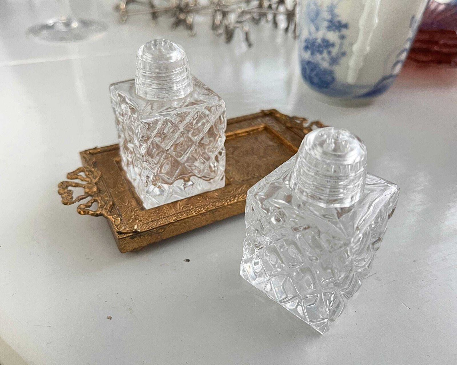 French Glass Salt Pepper Set | Mid Century Metal Tray Bow Detail photo Home Decor