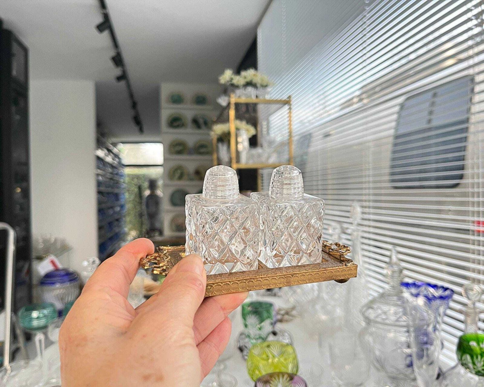 French Glass Salt Pepper Set | Mid Century Metal Tray Bow Detail photo 86.0