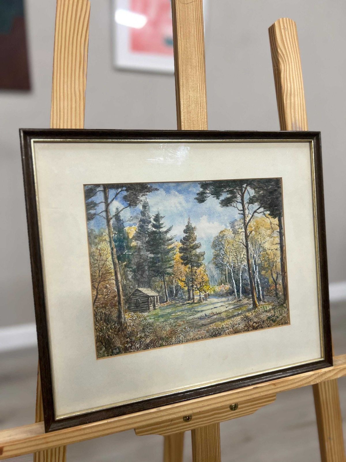 photo for sale Framed Pen Ink & Watercolour Landscape By S.J. Nash — Woodland Log Cabin Scene Picture