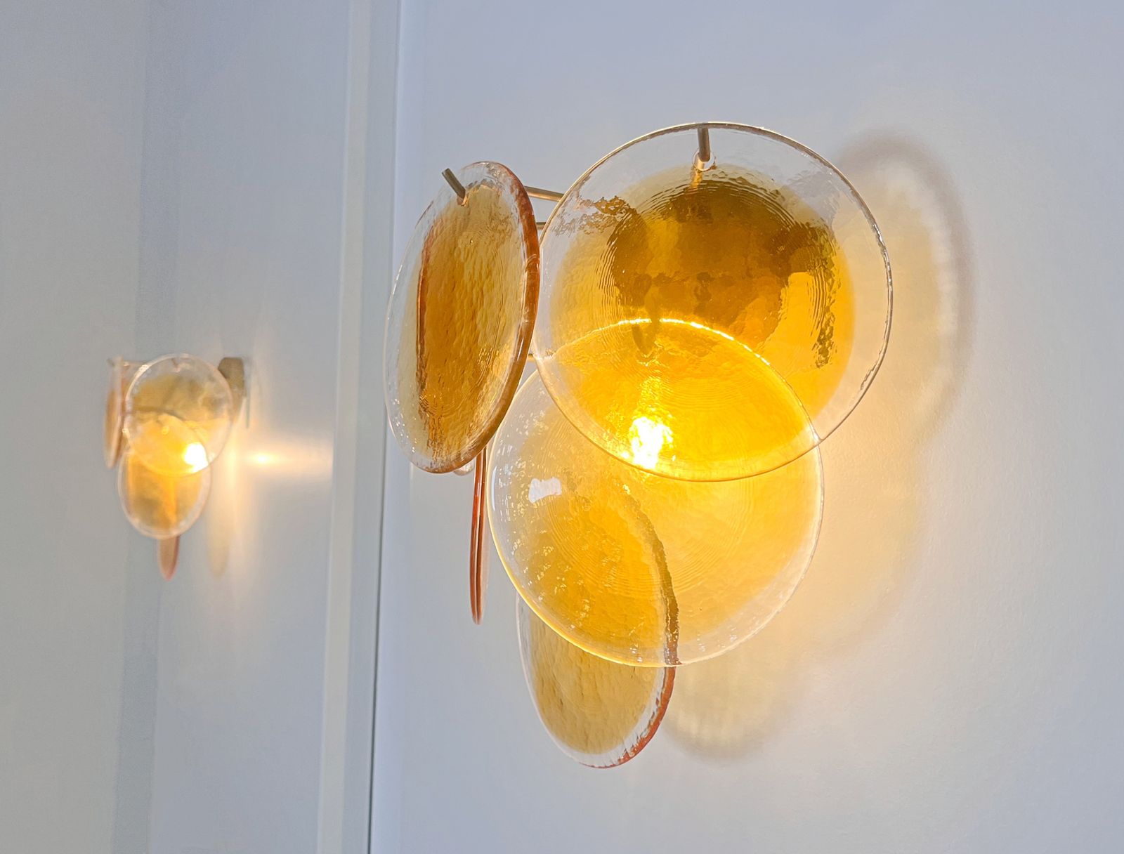 345.0 Pair Of Glass Wall Sconces   6 Alabaster Gold Disks photo