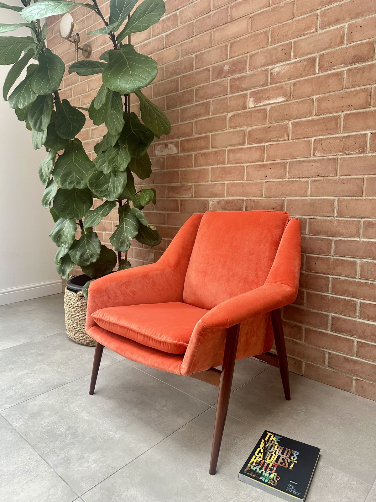 photo buy Mid Century Parker Knoll "New Menton" Model Pk940 Teak Armchair, Orange Velvet Upholstery