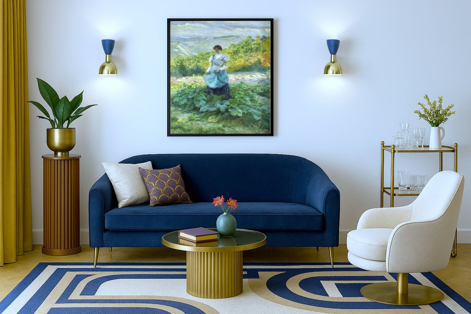 photo for sale Pair Of Wall Lamp / Metal & Brass / Brass And Blue Opaque / Style '50