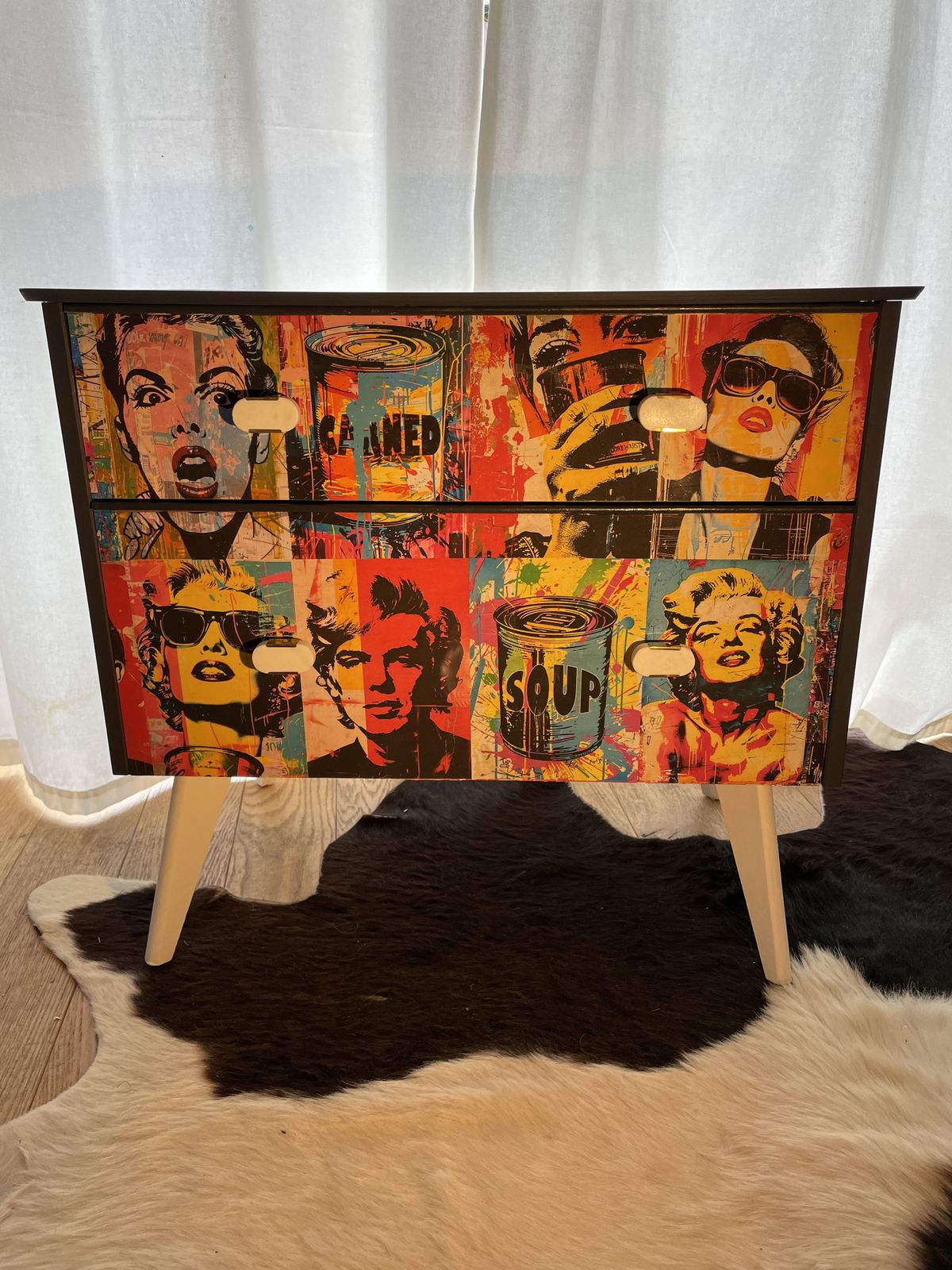 Refurbished And Decoupaged Genuine 1950's Chest Of Drawers/Cabinet In 'Pop Art' Style.