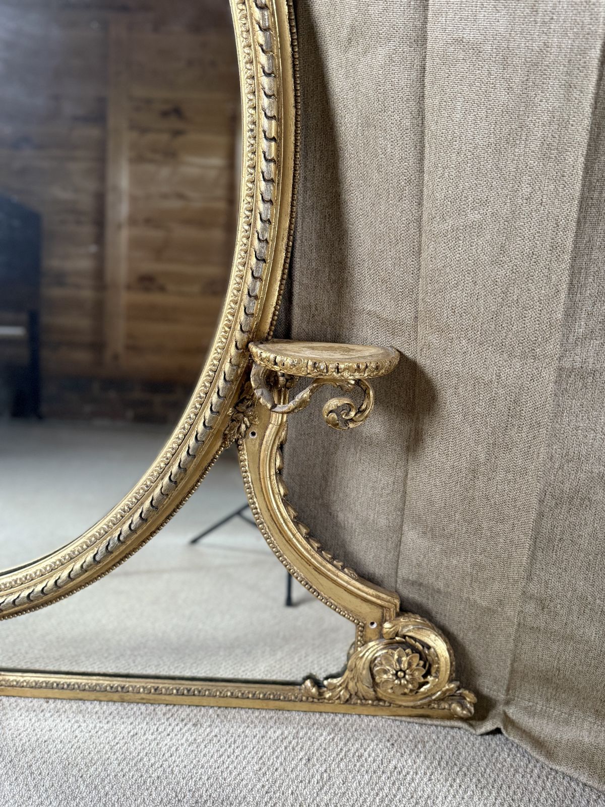 19th Century French Giltwood Oval Overmantel Mirror With Crest & Side Shelves photo Home Decor