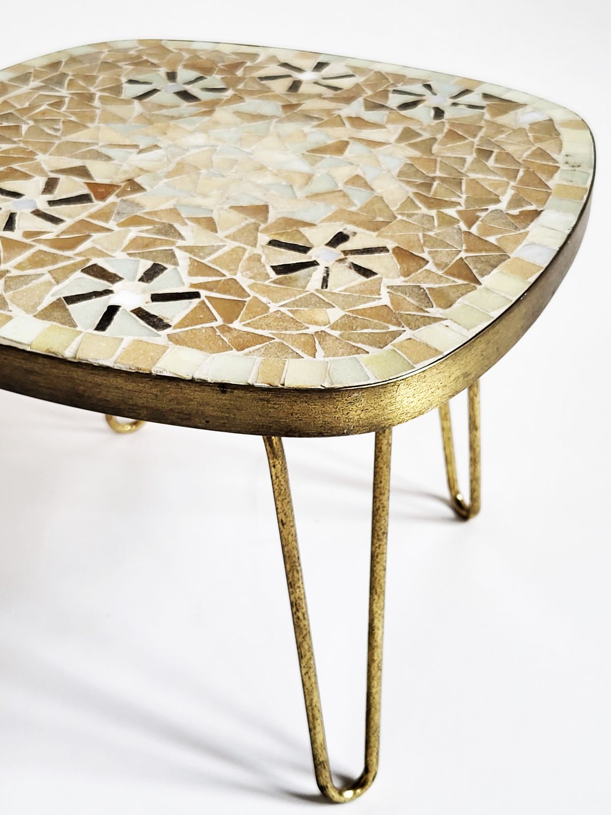 Mid Century Modern Mosaic & Brass Side Table With Hair Pin Legs, 1950s photo vintage