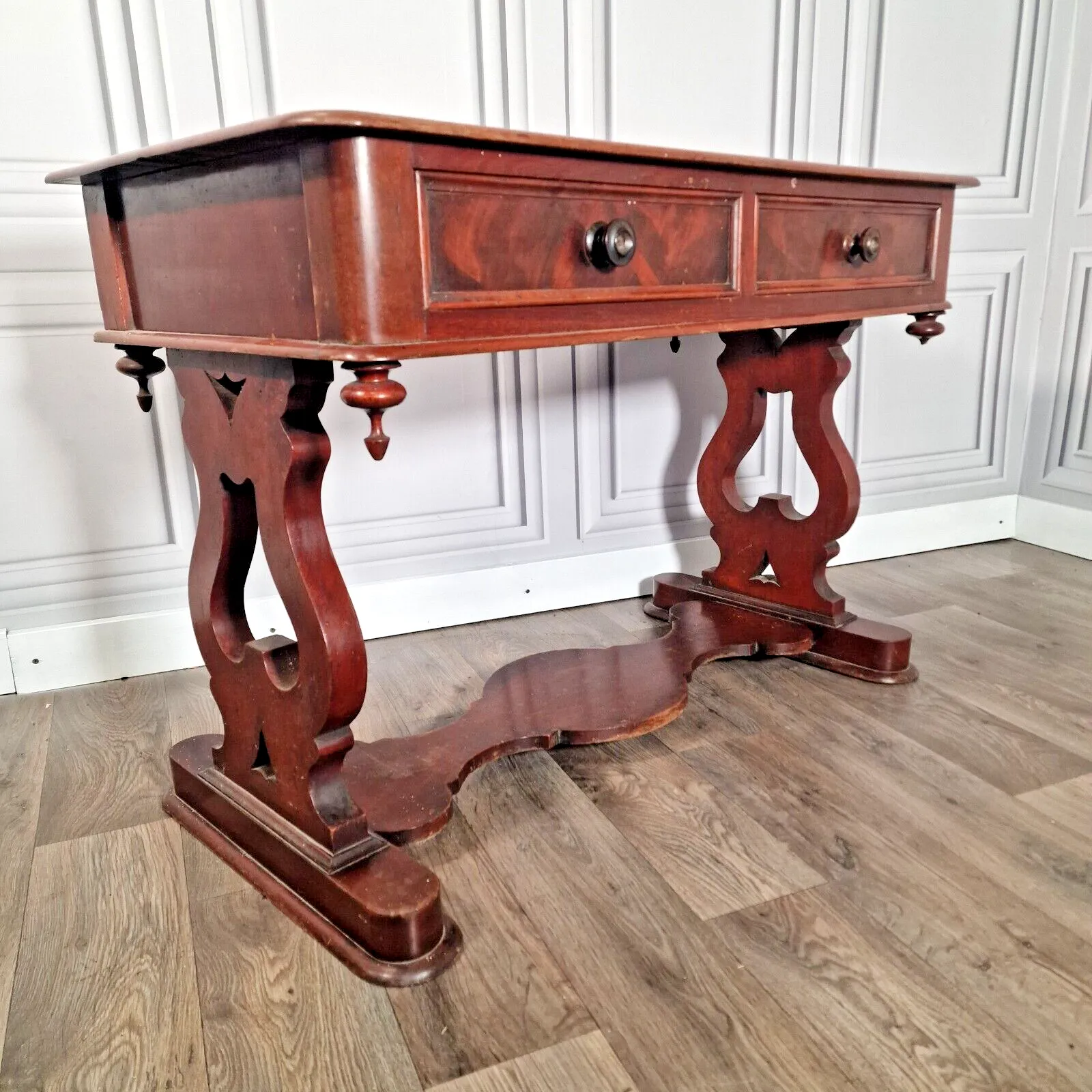 Antique Library Writing Table  Solid Wood Console Office Desk Drawers Mahogany