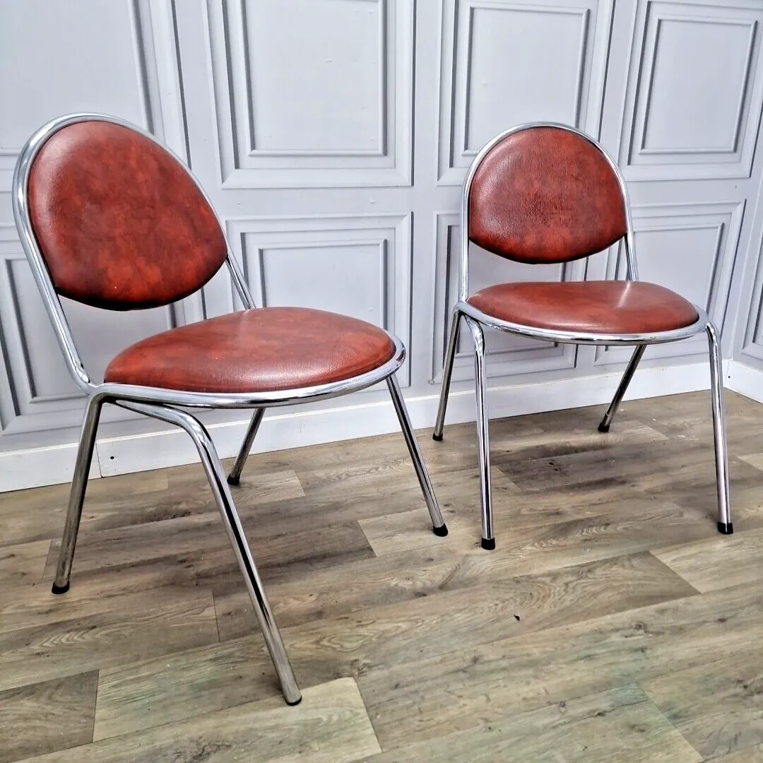 Pair 2 Vintage Chairs Ness Chrome Tube Stacking Faux Leather Mid Century